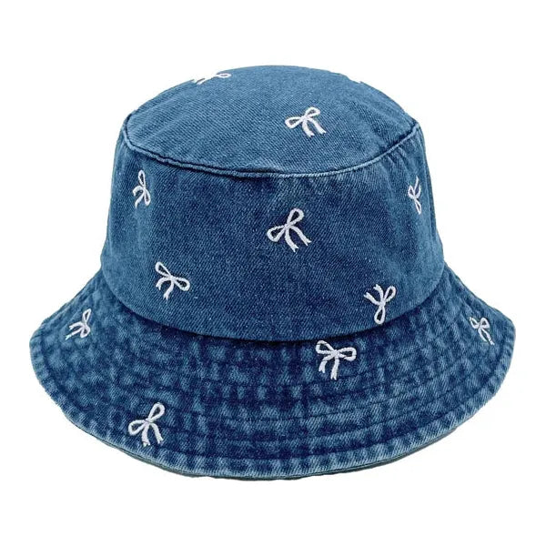 Embroidered Bow Denim Bucket Hat