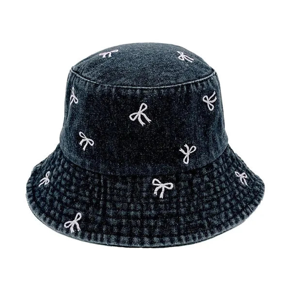 Embroidered Bow Denim Bucket Hat