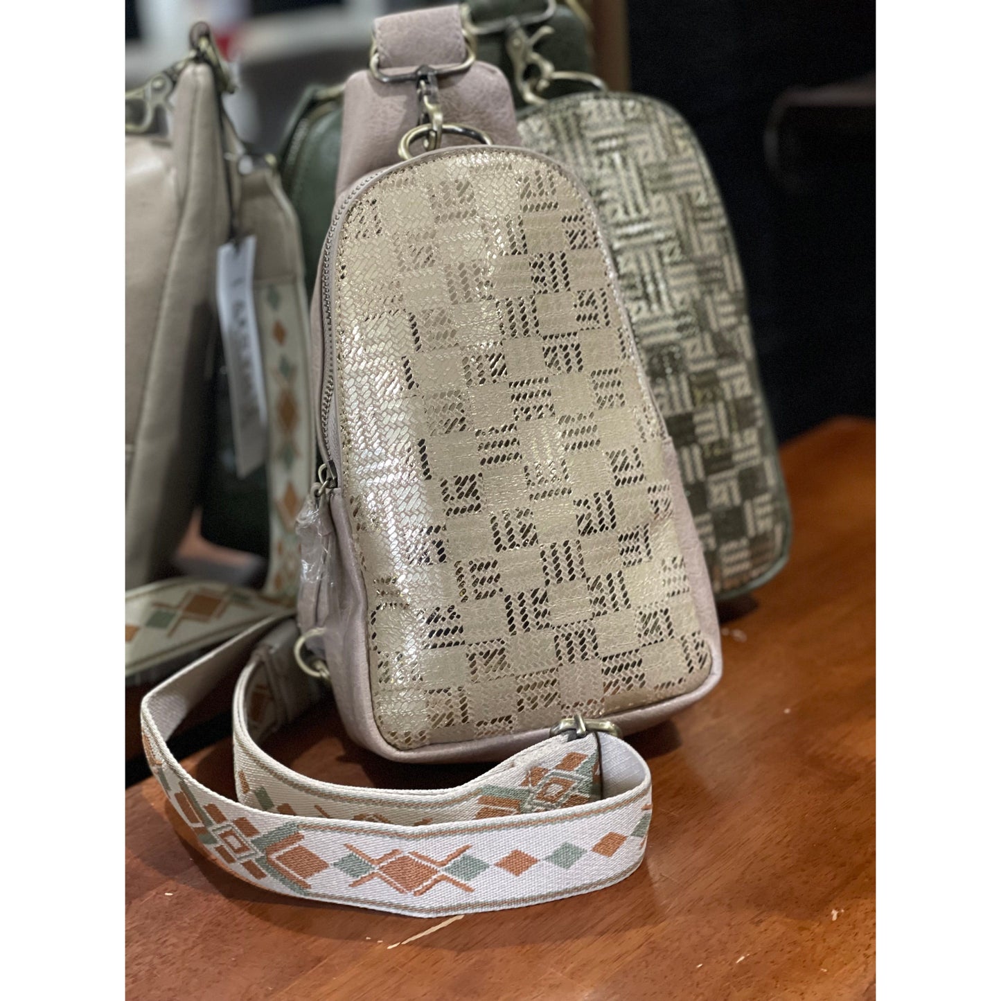 Metallic Sling Bag With Guitar Strap Crossbody