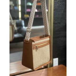 Straw Crossbody Zipper Bag with Patterned Strap